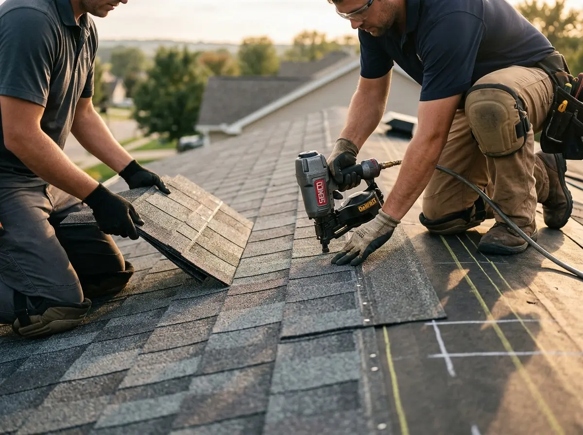 Professional roofer working on a residential roof in Watchung